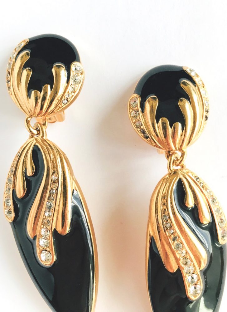 80s gold + black rhinestone dangle earrings