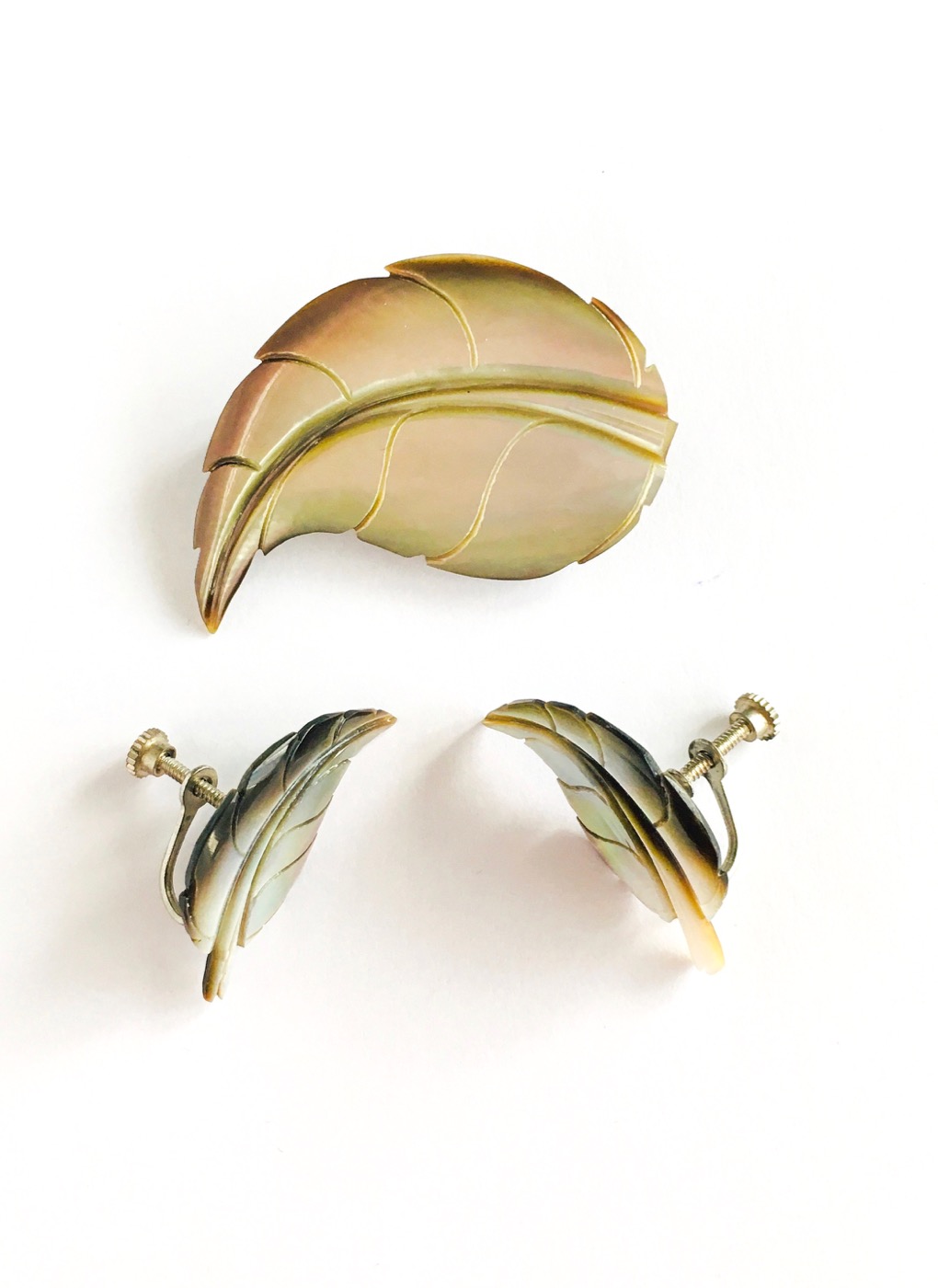 vintage carved shell feather pin + earrings set