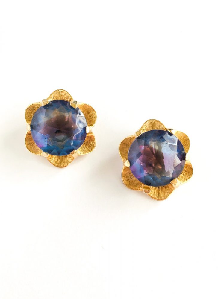 vintage gold + purple faceted glass flower earrings