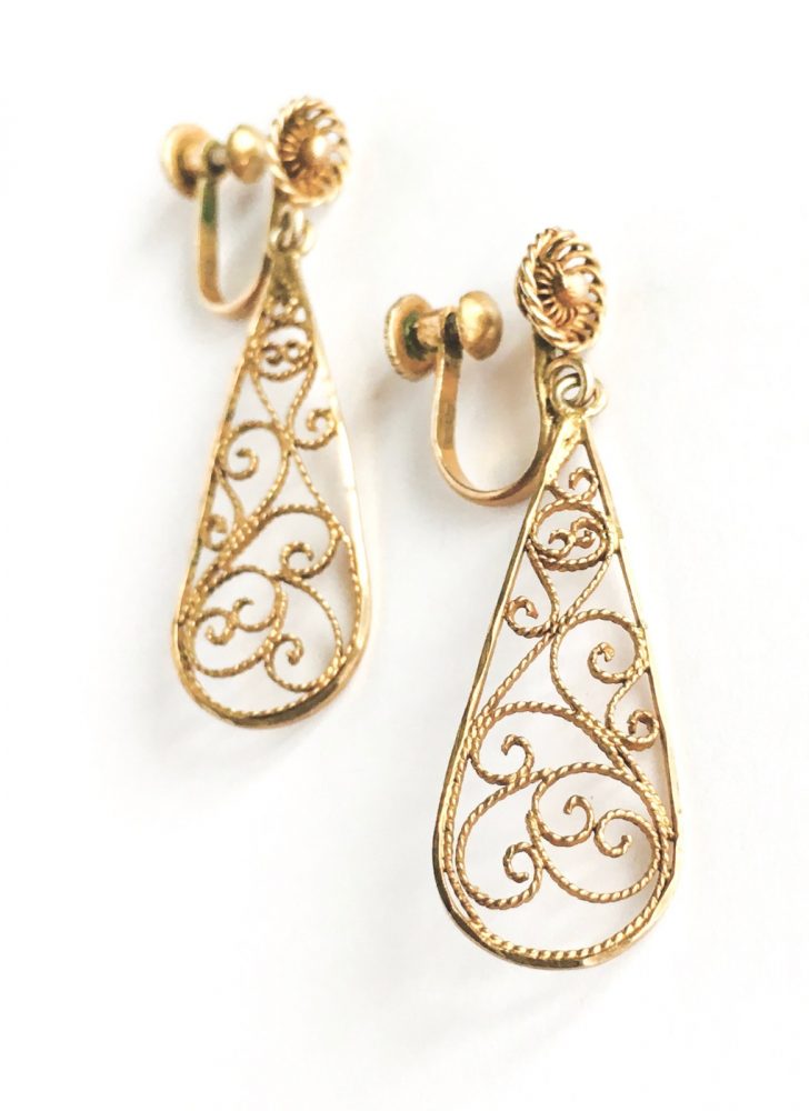 vintage sterling gold filigree drop earrings