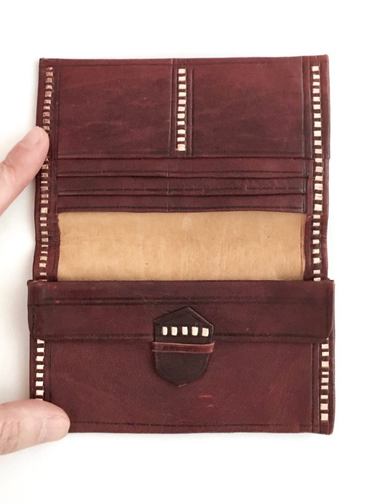 antique Florentine brown leather wallet embossed with gold