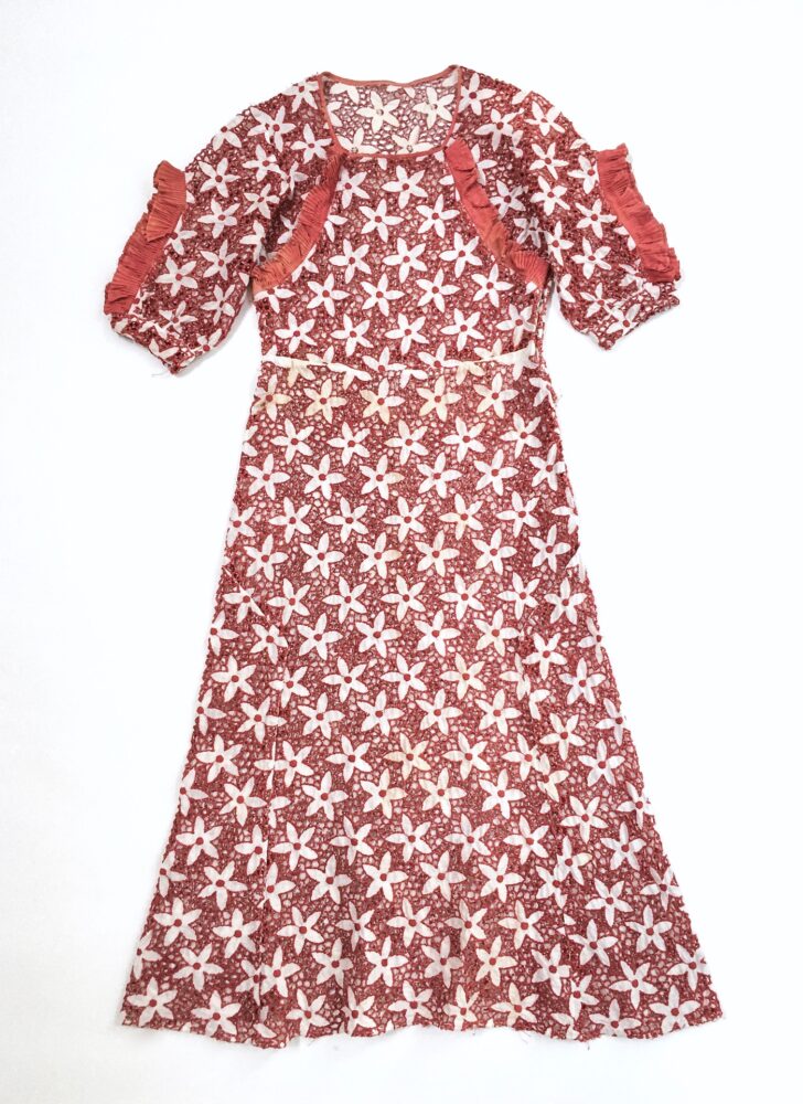 one-of-a-kind 1930s red + white cutout flower cotton dress with accordion pleating (discoloration)