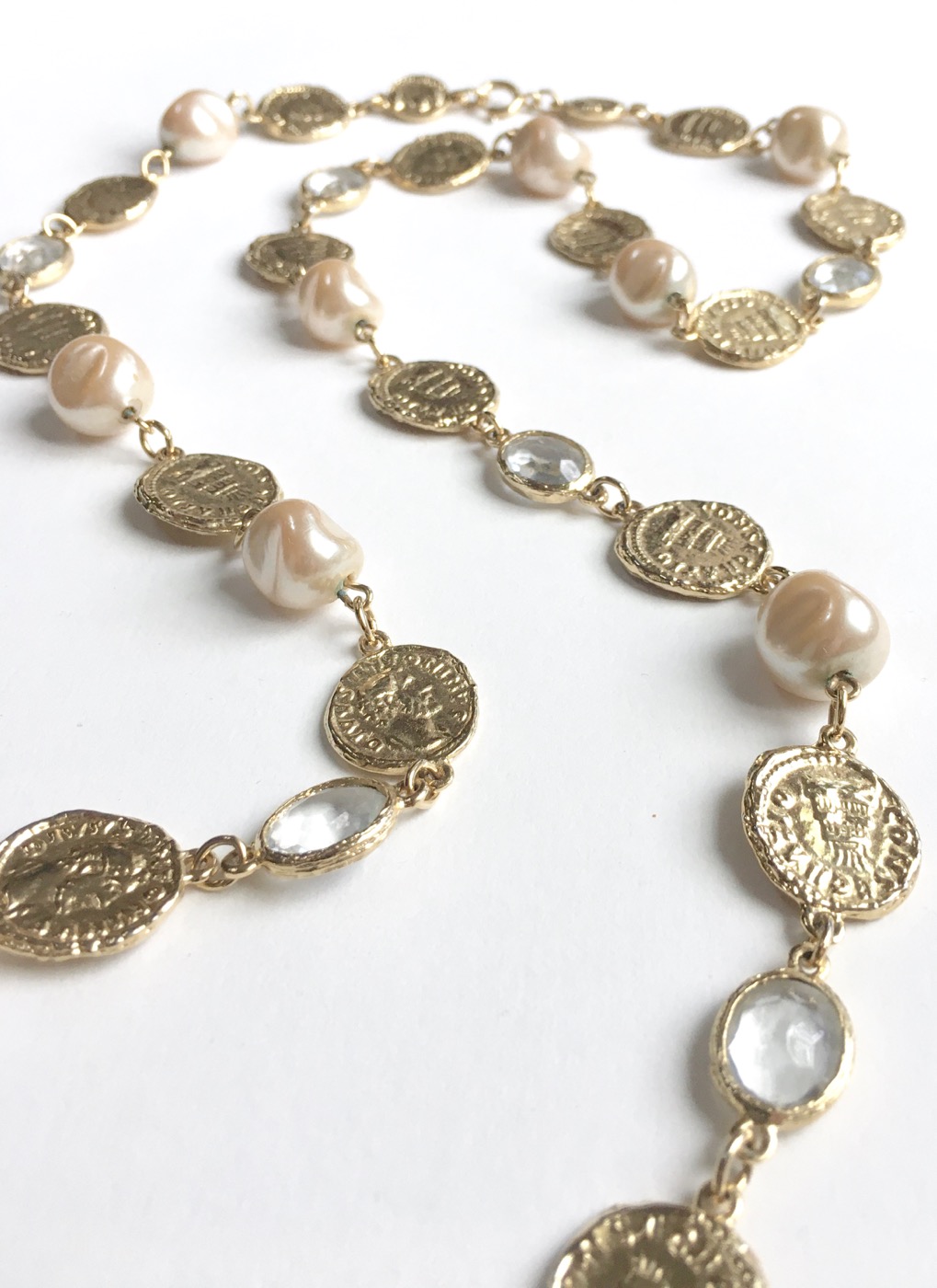 pearls, gold coins and looking glass long necklace Chanel knockoff –  Hemlock Vintage Clothing