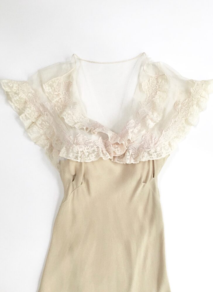 1930s beige crepe bias cut evening gown with sheer net and lace (repair)