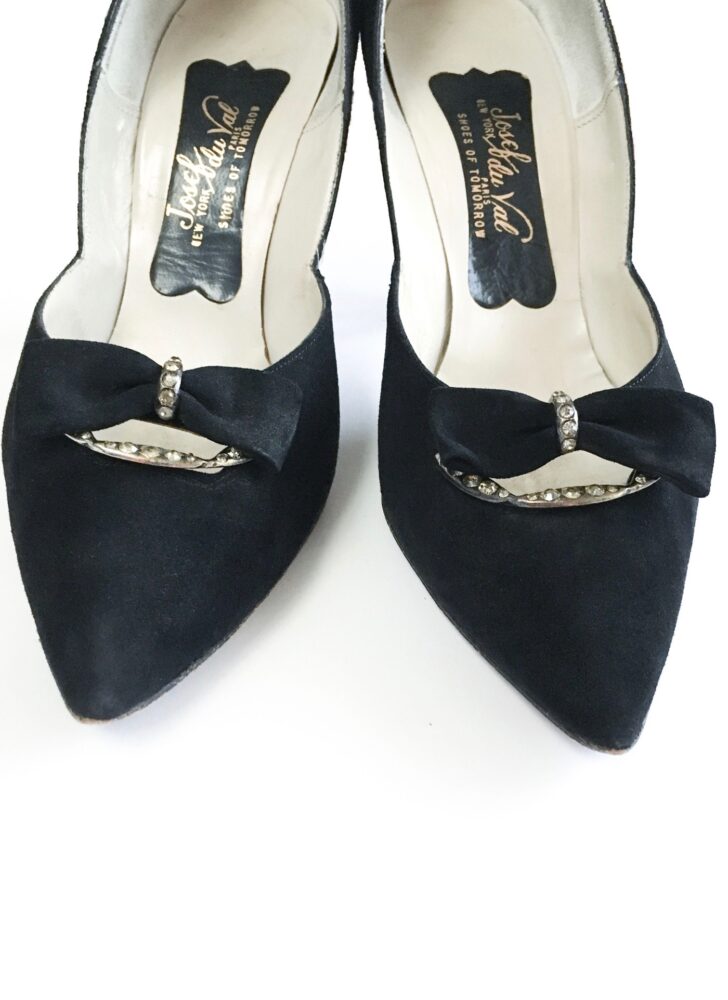 1950s 60s Josef du Val black suede + rhinestones heels shoes