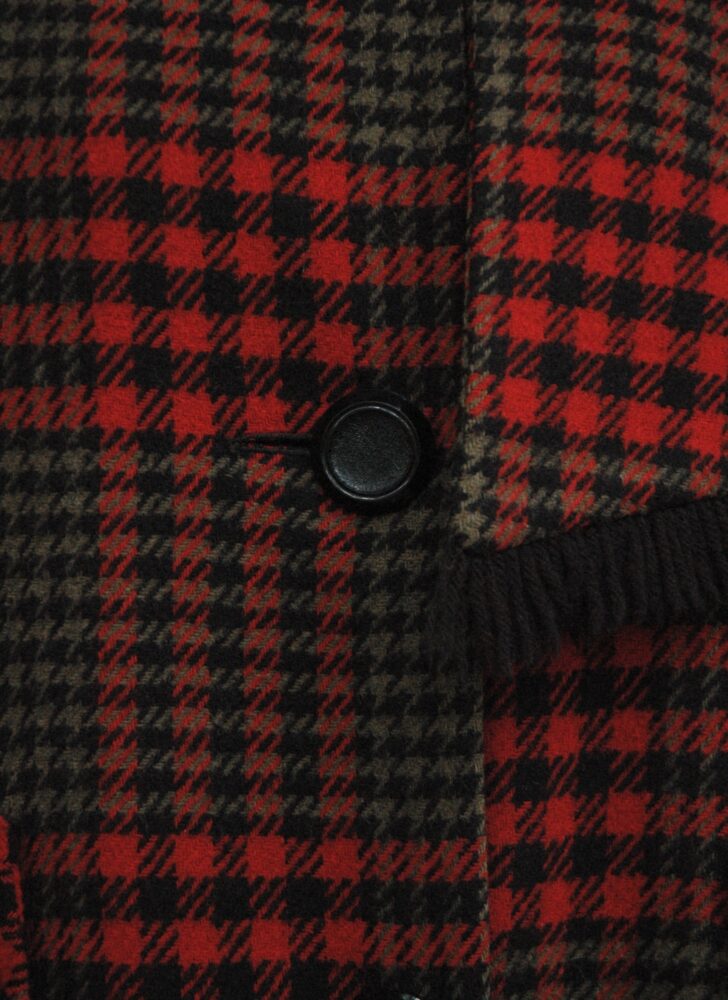 1960s red plaid wool coat with wrap fringed scarf collar