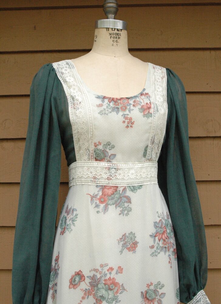 1970s Fiona Dresses England green floral prairie maxi dress