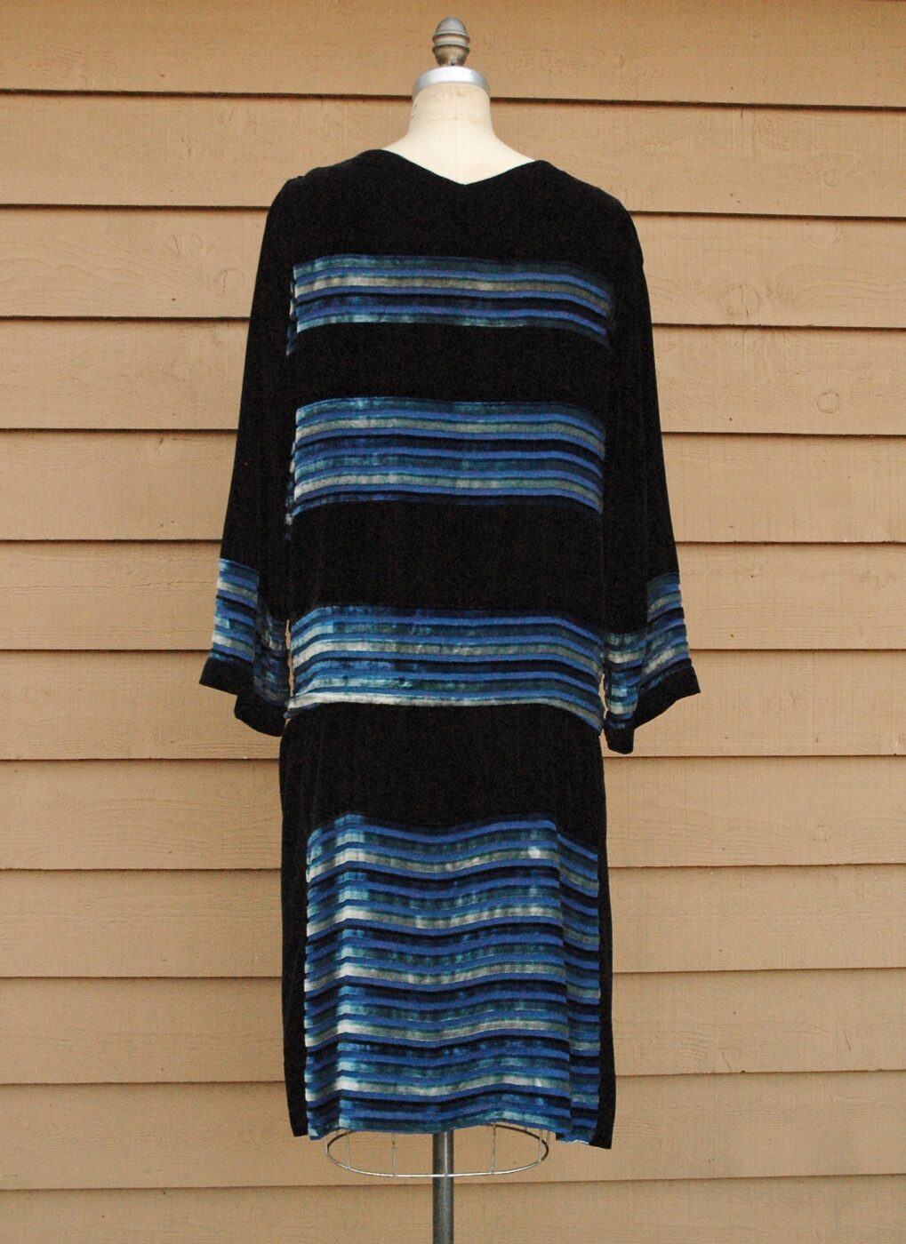 1920s black + blue burnout velvet stripe and silk chiffon dress Manahan ...