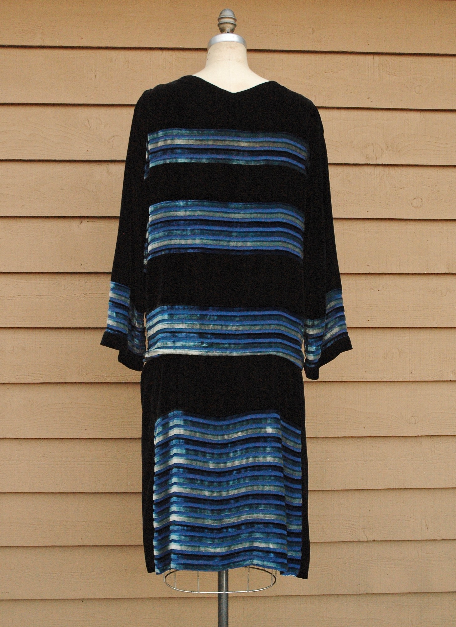 1920s black + blue burnout velvet strip and silk chiffon dress Manahan ...