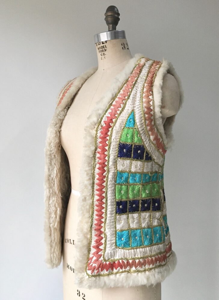 1960s colorful embroidered Afghani shearling sheepskin vest