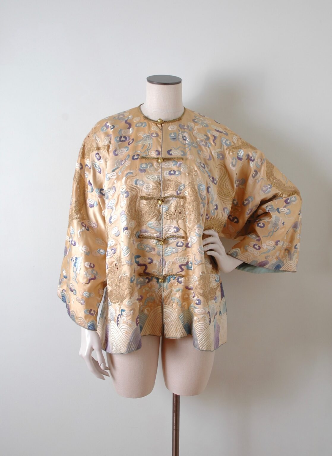 Unique Antique Chinese Silk Jacket With Embroidered Dragons Hemlock