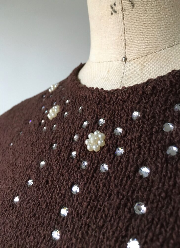 1940s brown knit rhinestone + pearls sweater top