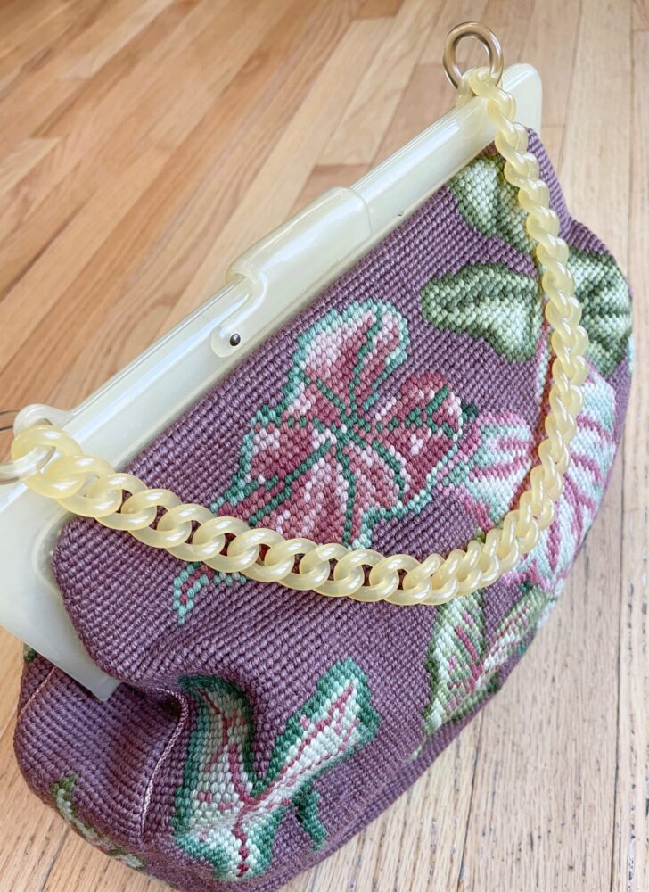 1940s Christine purple leaves needlepoint Bakelite purse