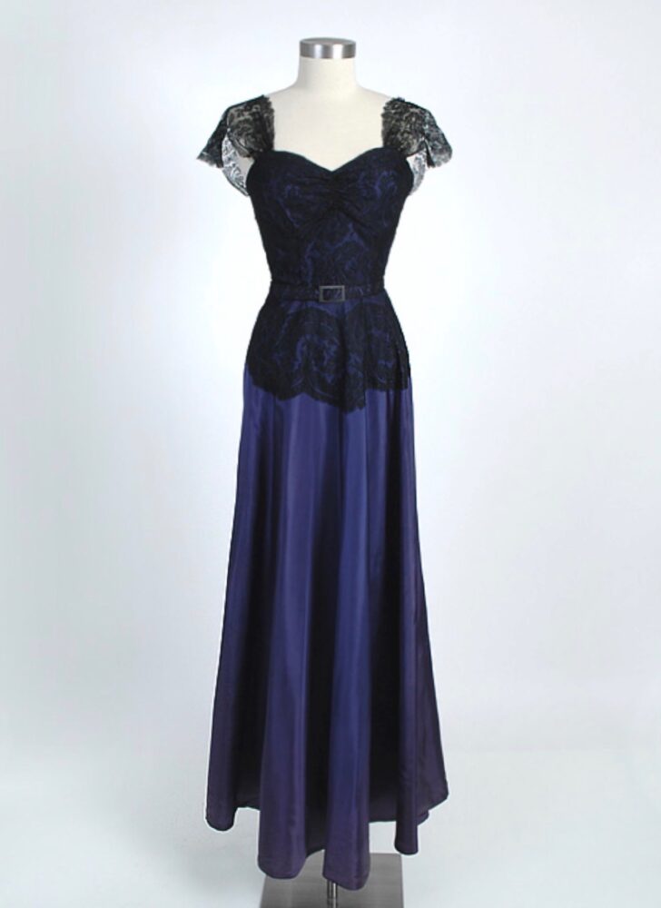 1940s black lace + blue taffeta gown (repairs/fade)