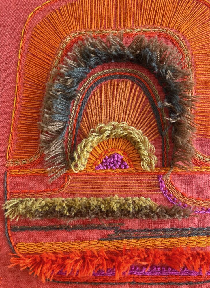 1970s orange yarn embroidery fiber art wall hanging