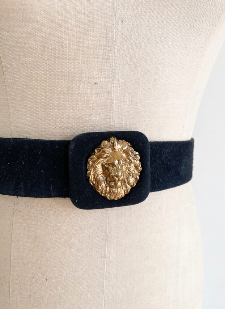 1980s 90s Anne Klein gold lion head black suede belt
