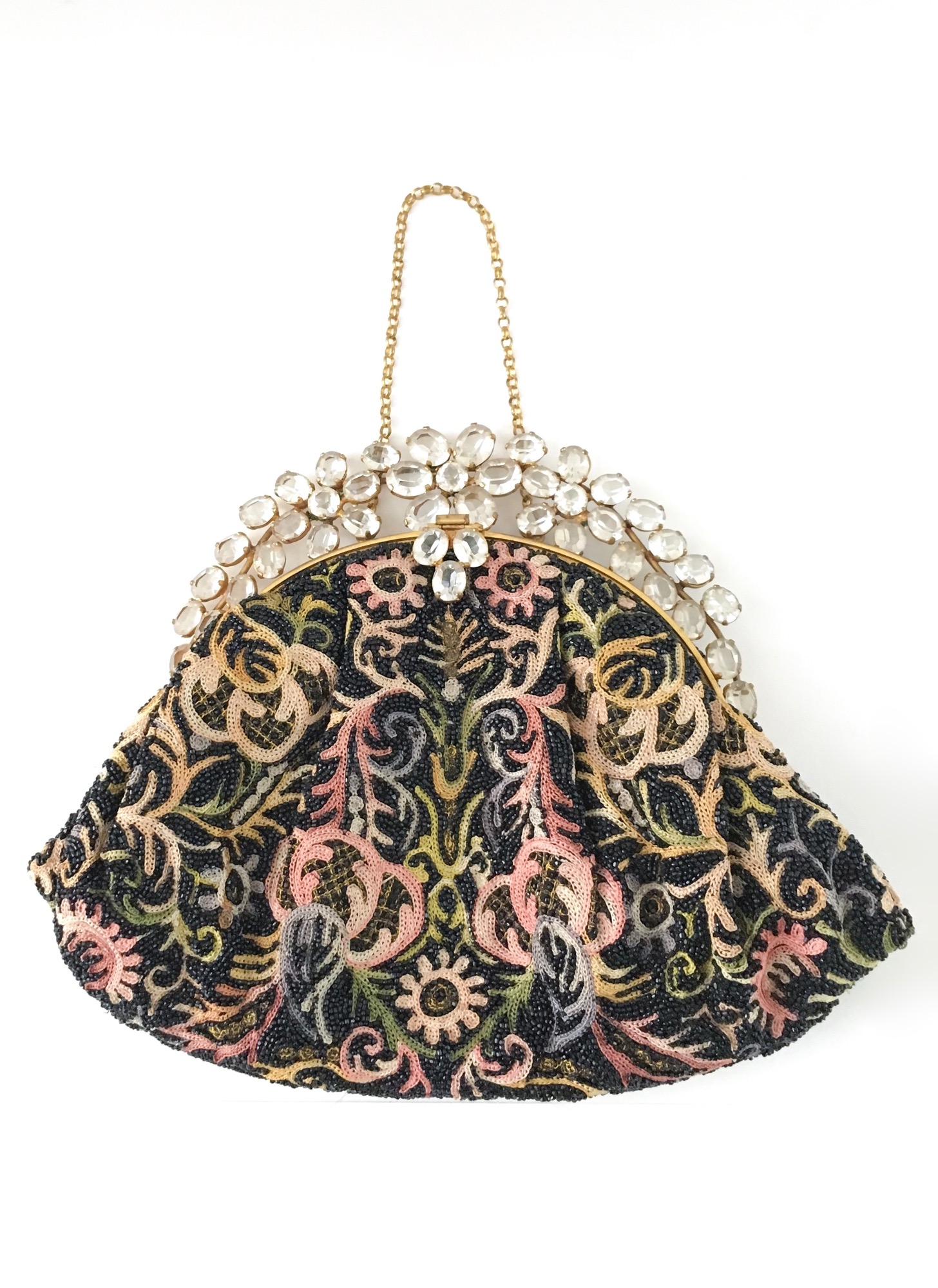 Vintage 1950s Bronze Color Glass Beaded Purse with Rhinestone Decorated  Frame - Mint Condition Evening Bag