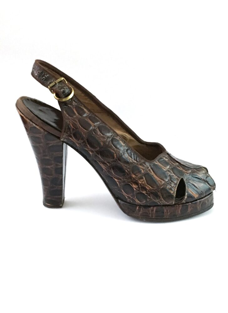 1940s brown leather alligator peep toe platform heels shoes