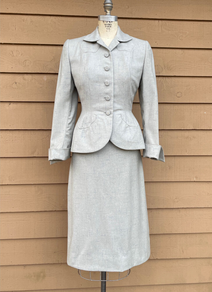 1940s gray wool suit Courtshire (moth damage)