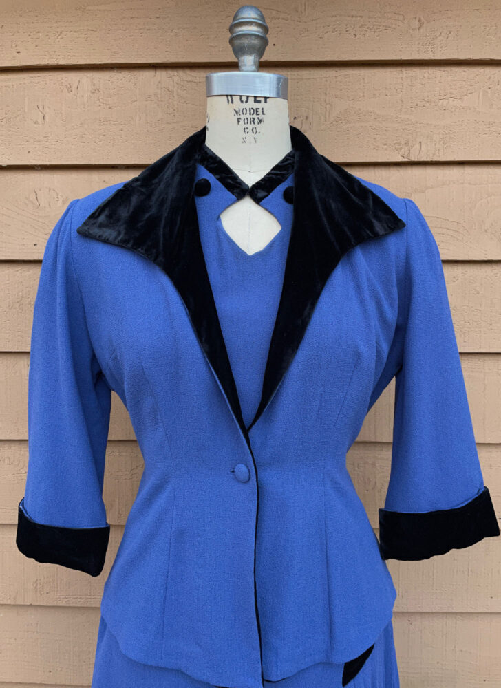 1940s blue wool crepe + black velvet dress jacket set (as-is)